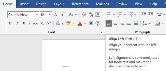 Alignment options for screenplay formatting in Microsoft Word