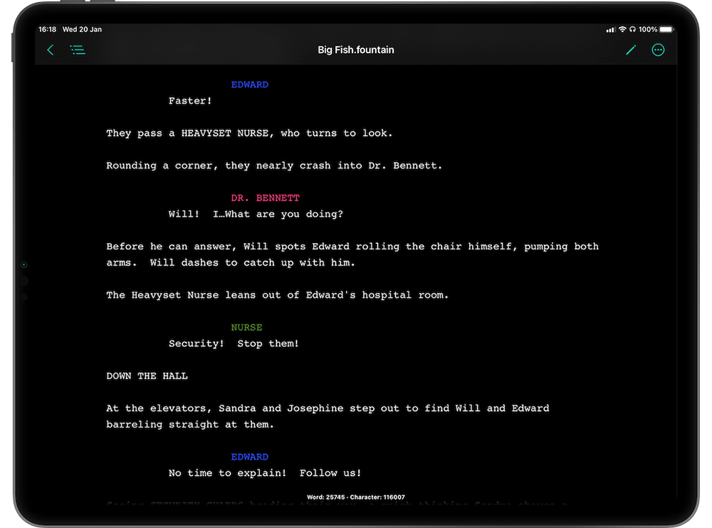 Screenshot of a screenplay written in proper formatting on JotterPad