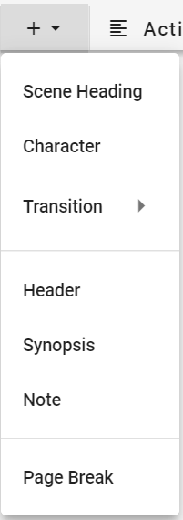 JotterPad's list of screenplay formatting features such as scene heading, character, transition and so on