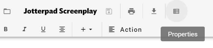 Screenshot of cursor hovering over the Properties tab on the JotterPad web app