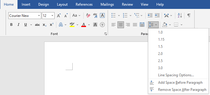 Line spacing options for screenplay formatting in Microsoft Word