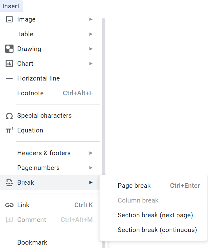 Screenshot of page break options for screenplay formatting in Google Docs