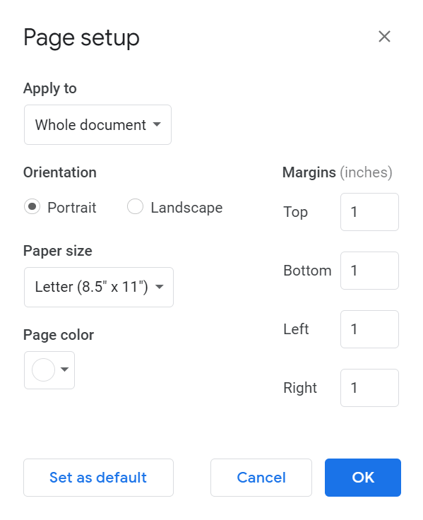 Screenshot of page setup options in Google Docs