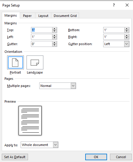 Screenshot of page margin setup for screenplay formatting in Microsoft Word