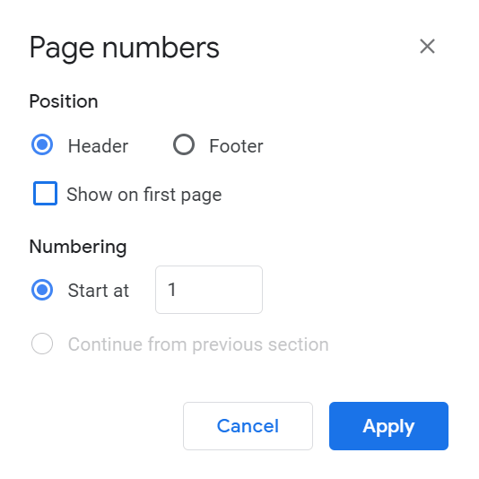 Screenshot of page numbering options for screenplay formatting in Google Docs