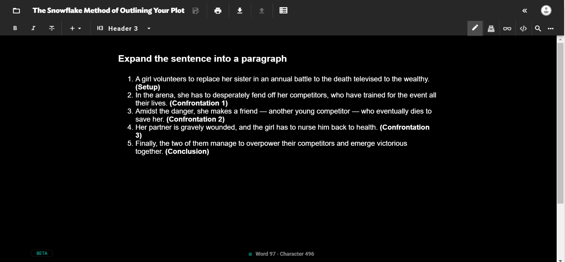How a paragraph-long story synopsis of The Hunger Games might look like, written on JotterPad