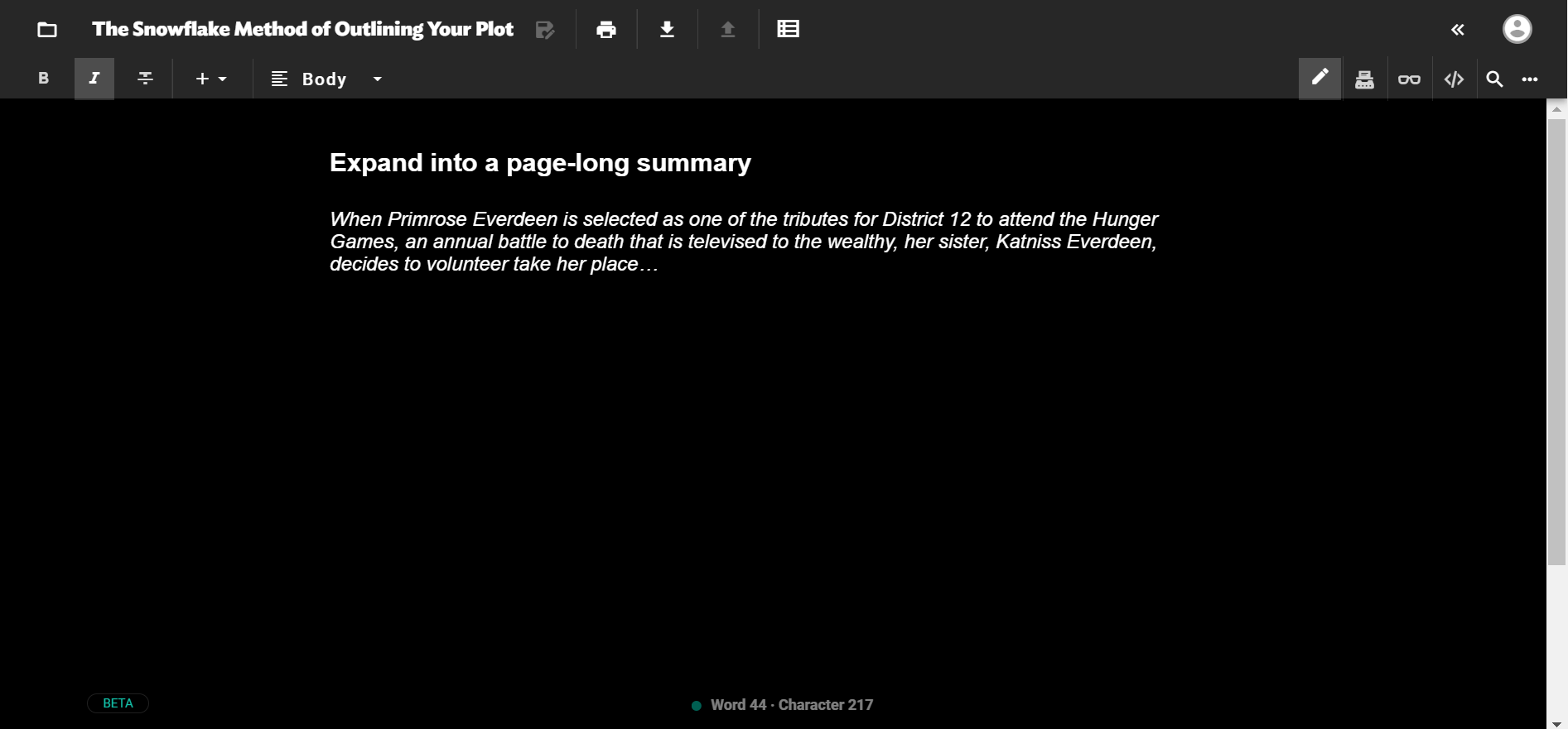 Screenshot of how a page-long summary of The Hunger Games might begin on JotterPad