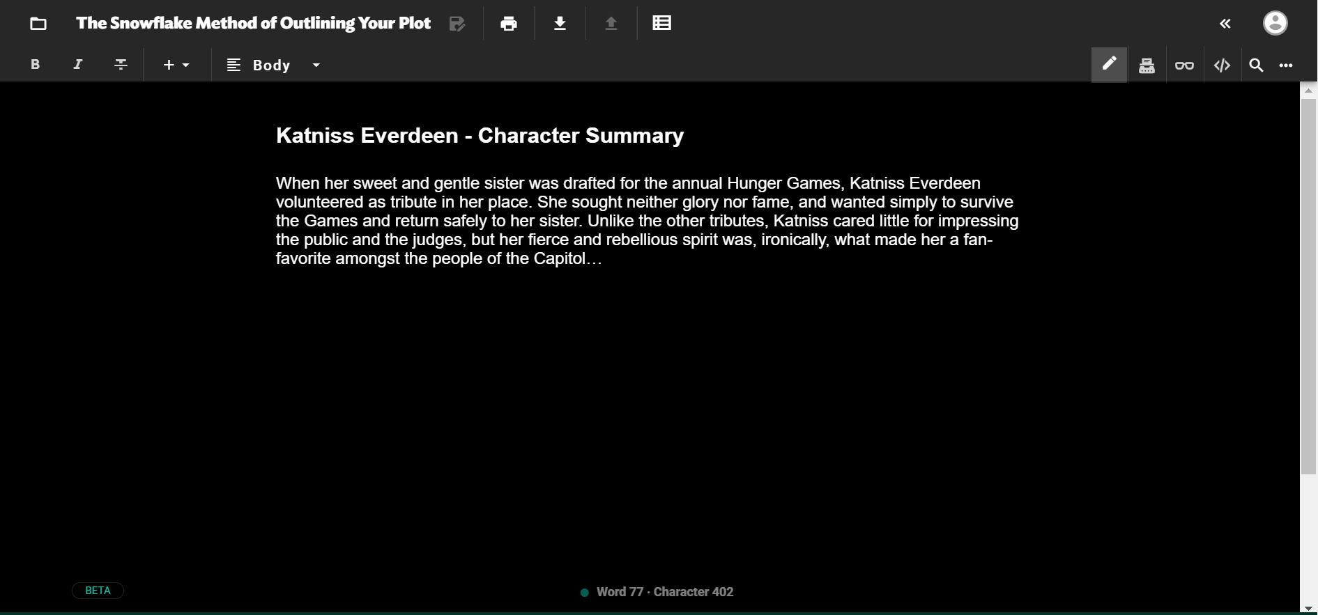 A screenshot of an excerpt Katniss' character summary on JotterPad