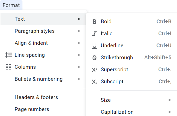 Screenshot of text formatting options in Google Docs