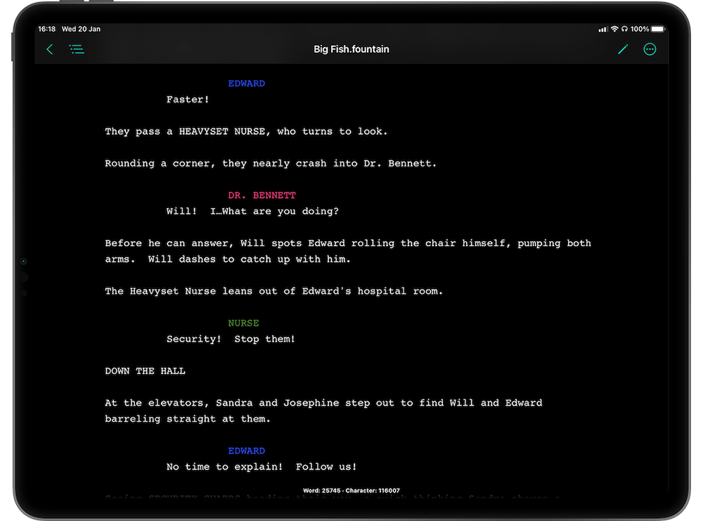 A screenplay written on Jotterpad with proper formatting, from font size to page margins