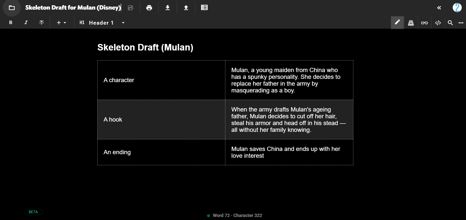 How the second step of the Skeleton Drafting Method can be written in table form on JotterPad's web editor