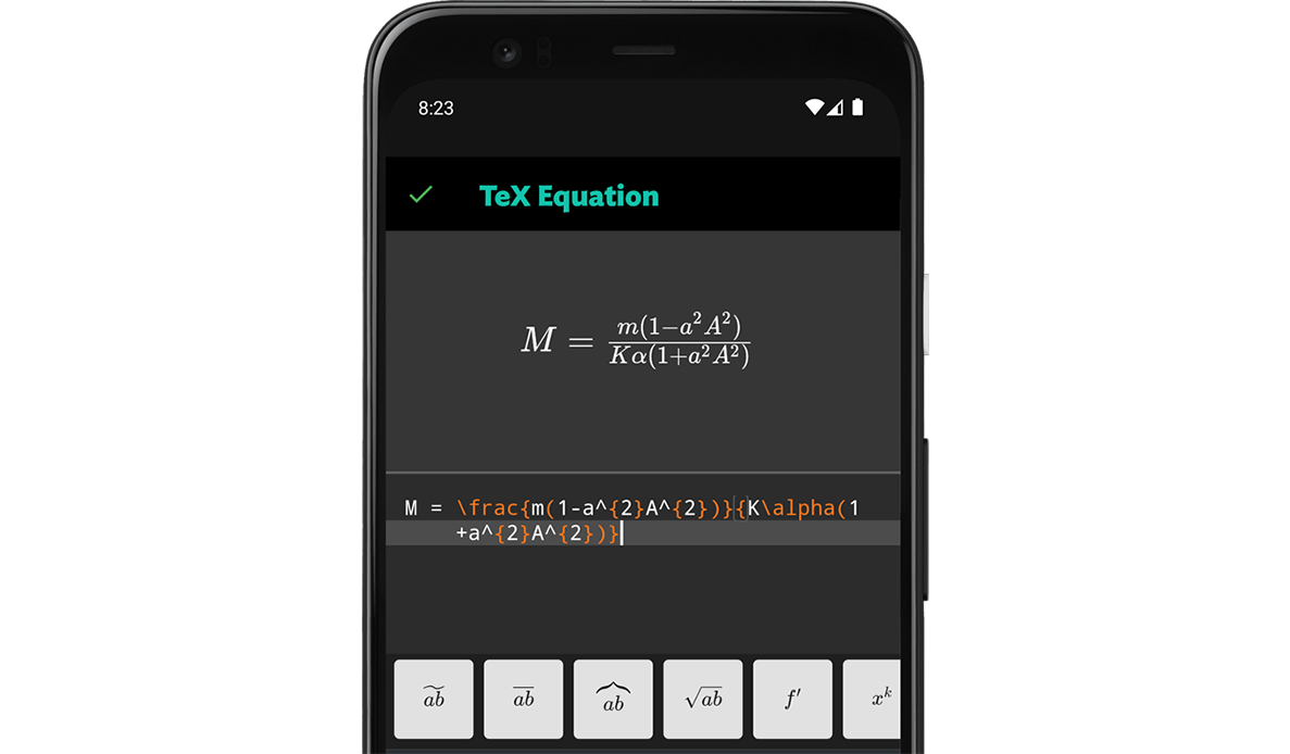 A screenshot of you can insert TeX Equations in JotterPad Android