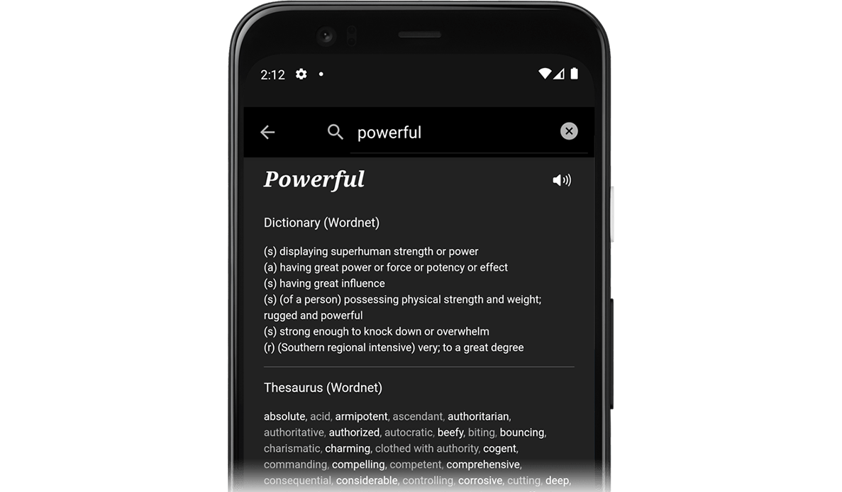 A screenshot of JotterPad Android's research function, where you can search up word definitions and thesaurus 