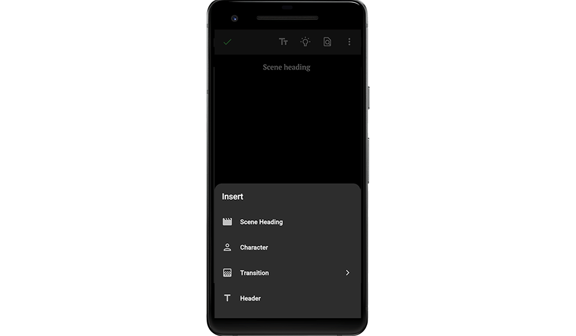 Screenshot of the multiple screenplay formatting features available on JotterPad Android, including scene headings, character names, transitions and headers