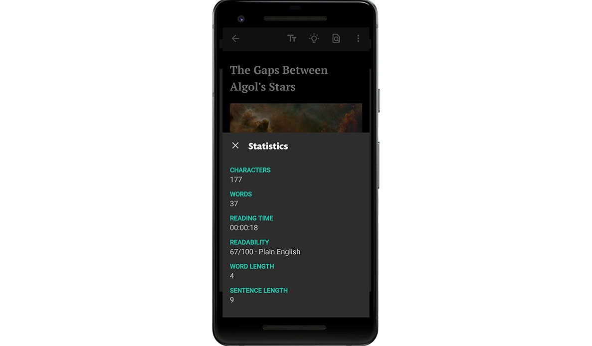 Screenshot of the statistics that JotterPad Android allows you to track, including character and word count, reading time and readability