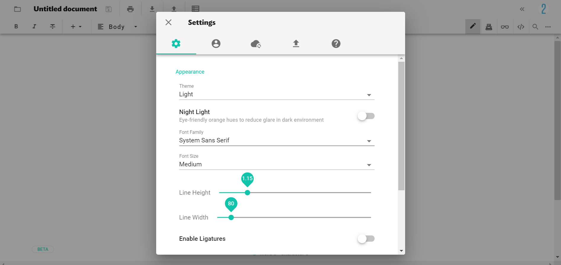 Screenshot of the settings available on the JotterPad web app, such as dark mode, font family and size, etc.