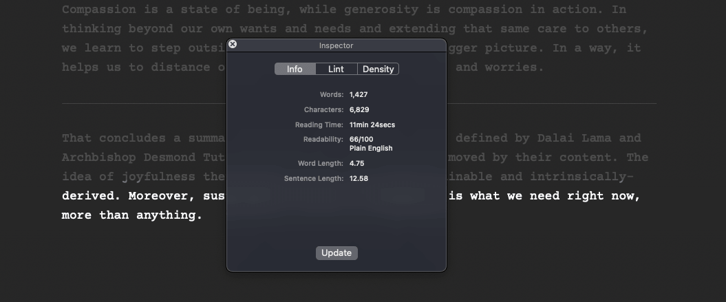 Easily check on the readability of your writing using the Flesh-Kincaid readability score on JotterPad.