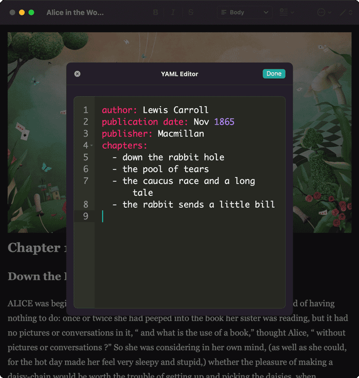 The YAML editor enables you to add important information into your Markdown document, without it being visible in your main body.