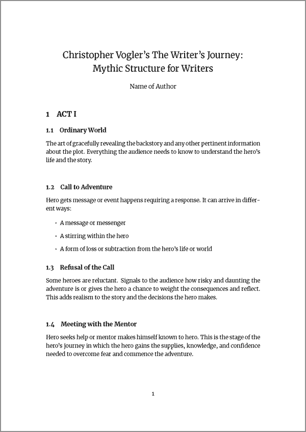 An example of Christopher Vogler’s Writer’s Journey template.