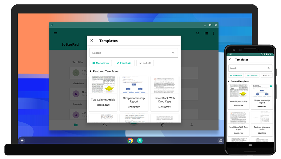 JotterPad's templates being made available on different Android devices.