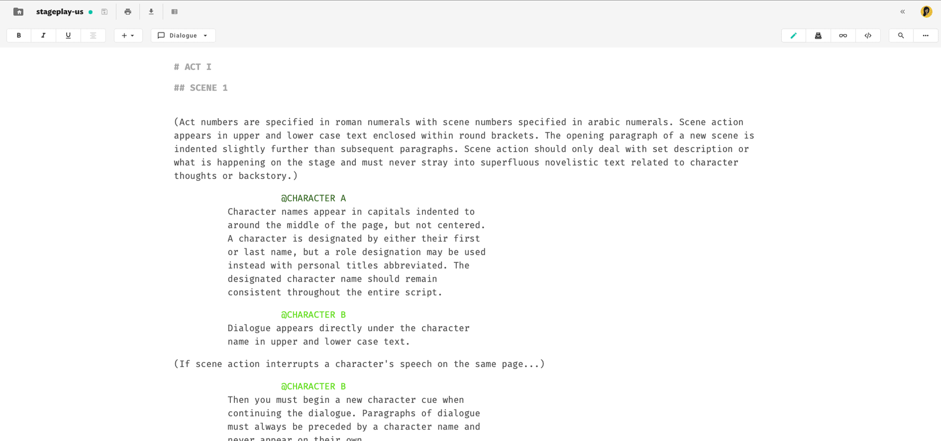 An example of Two-act Play in BBC Stage Play (US) template on JotterPad denoted by "#'.