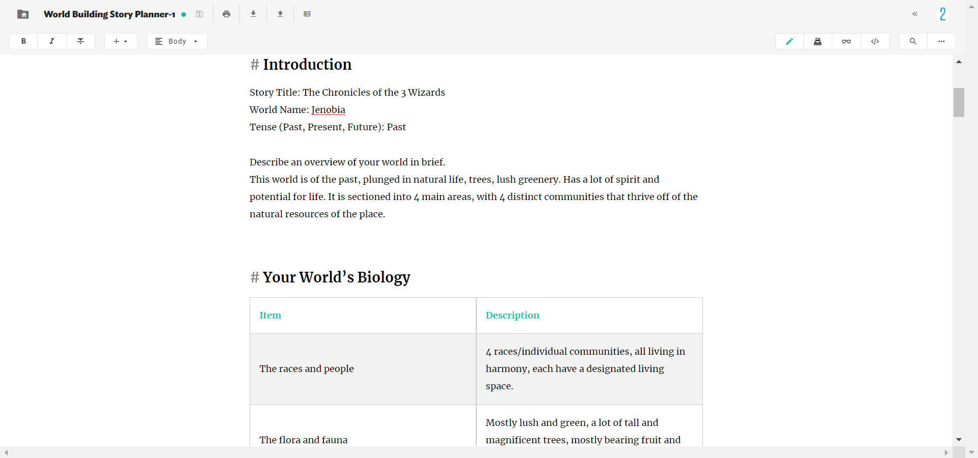 JotterPad's worldbuilding story planner that can guide your planning process with tables.