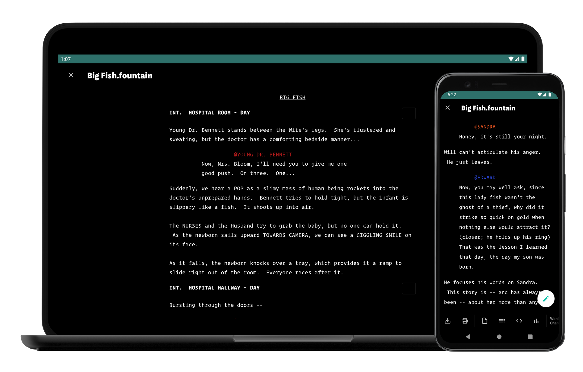 JotterPad's screenwriting editor that reflects your formatting and work clearly.