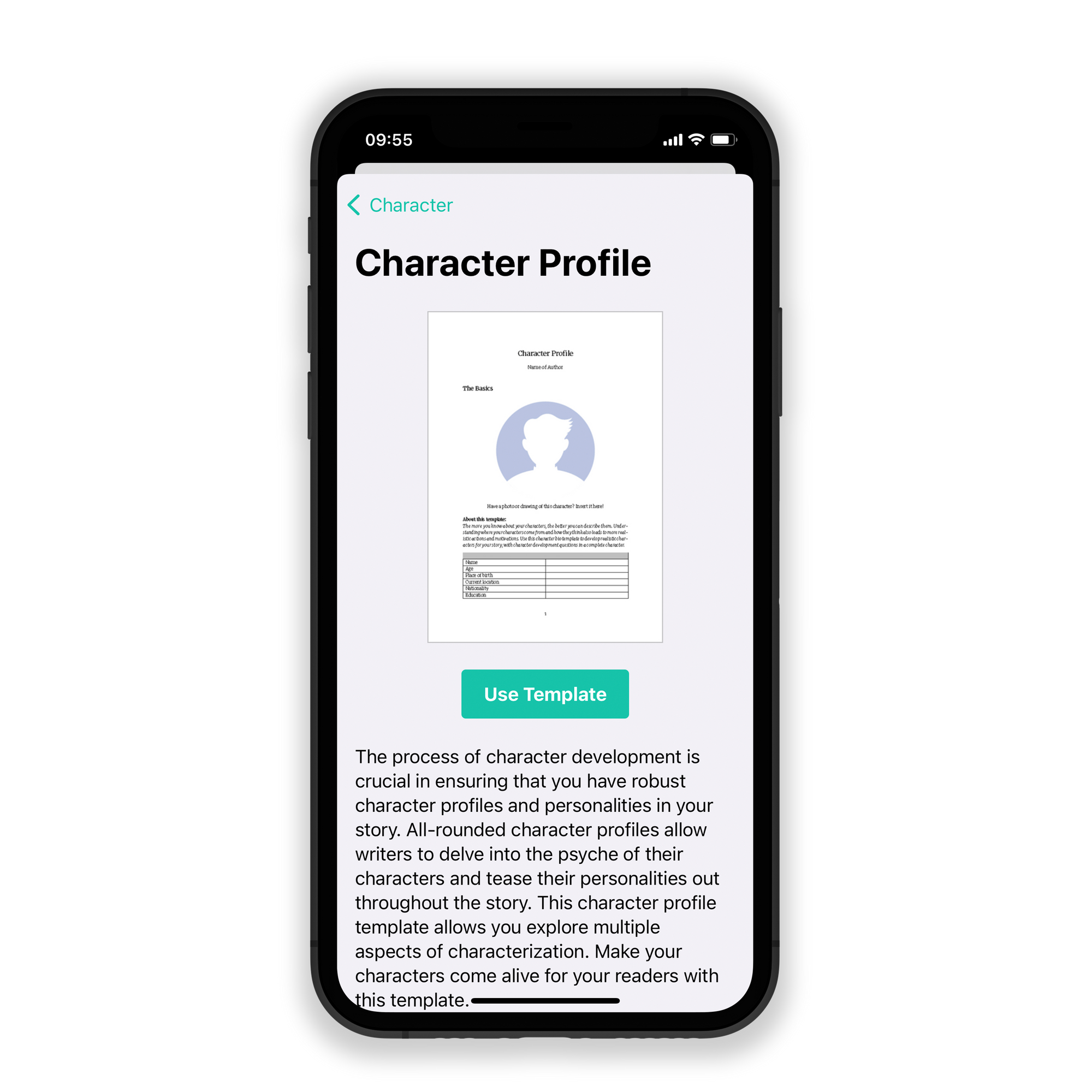 Character profile templates you can fill up to develop your characters on JotterPad.