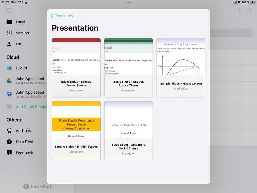 Beamer presentation selections in JotterPad app.