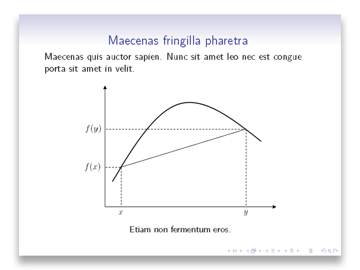 Add images, equations and tables into your beamer slides using Markdown.