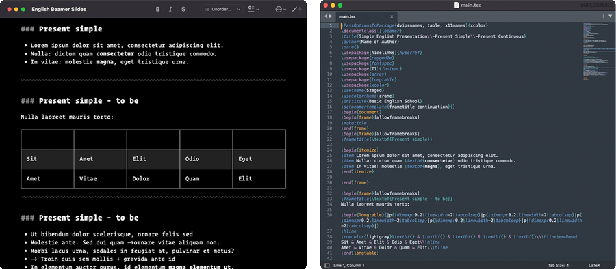 Side by side comparison of Beamer template using Markdown in JotterPad vs LaTex in a plain-text editor.