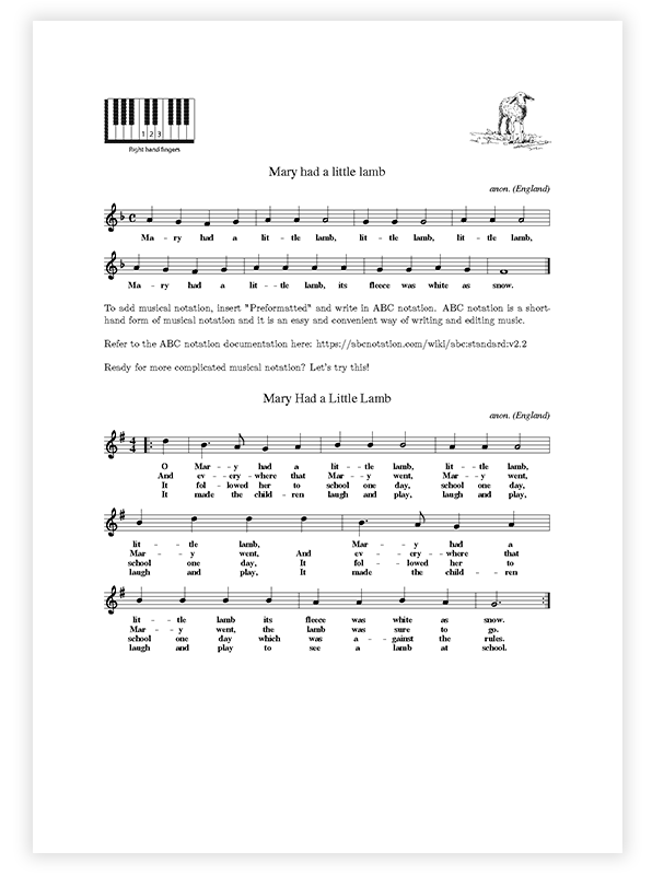JotterPad's Sheet Music Template that uses ABC notation to generate your composition.