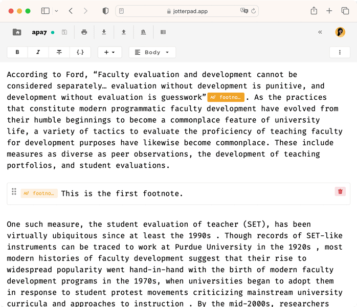 JotterPad's footnotes plugin that allows you to manage and insert footnotes conveniently.