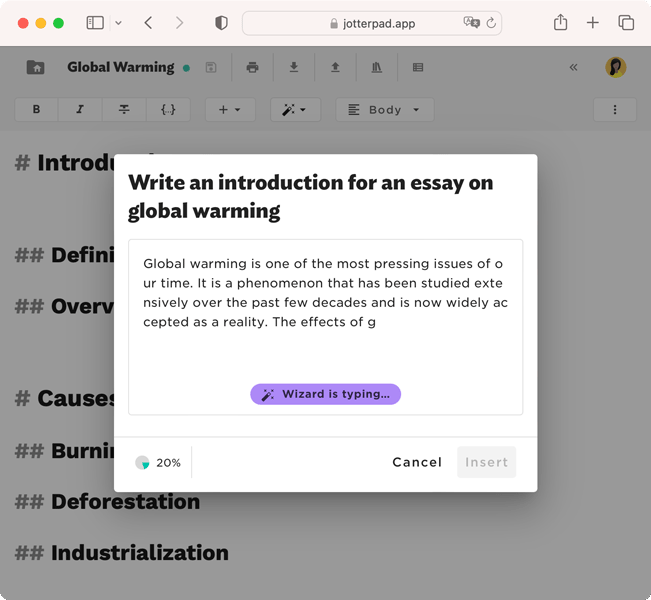 If you have trouble starting, use the plugin to generate an introductory paragraph.