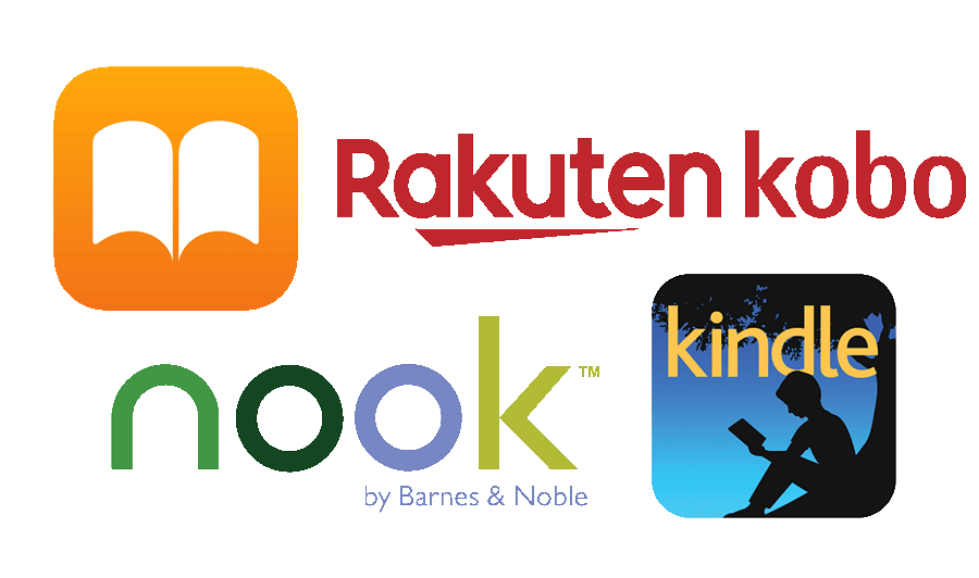 Logo of Apple Books, Kobo, Nook and Amazon Kindle.