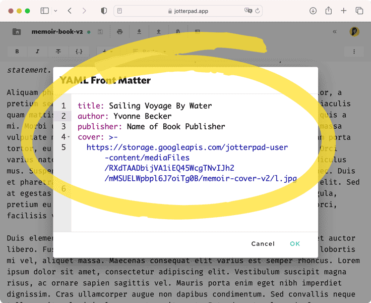 An example of parameters in YAML front matter before exporting to ePub.