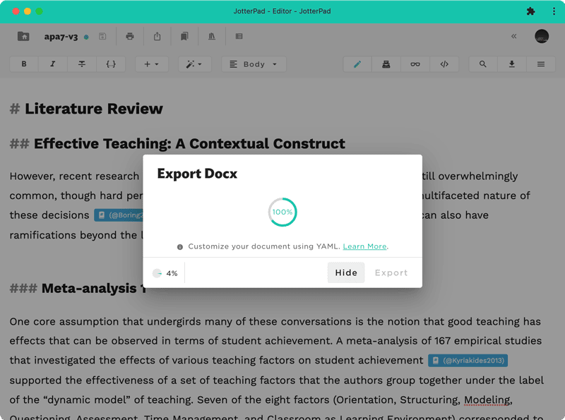 In the latest version of JotterPad, you can now "hide" the "Export Docx" dialogue box and view your downloads in your downloads manager instead.