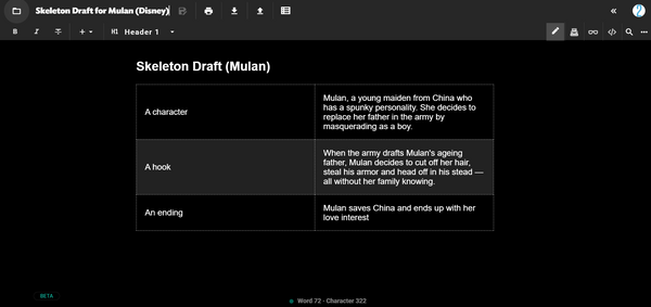 How the second step of the Skeleton Drafting Method can be written in table form on JotterPad