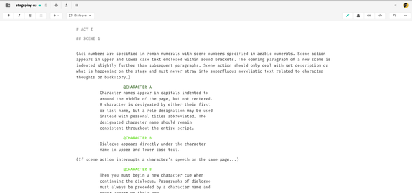 An example of Two-act Play in BBC Stage Play (US) template on JotterPad denoted by 
